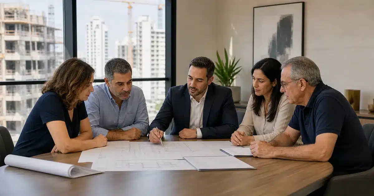 בעלי דירות ועורך דין בוחנים הסכם ארגון להתחדשות עירונית